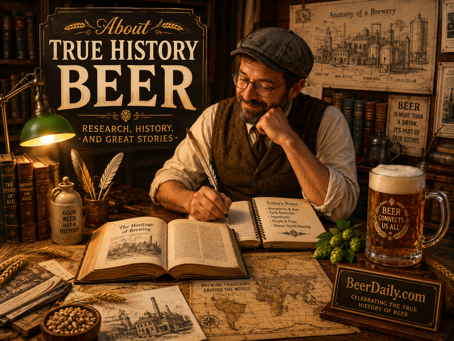 BeerDaily research desk with books, scrolls, grain, beer mug, and true beer history notes