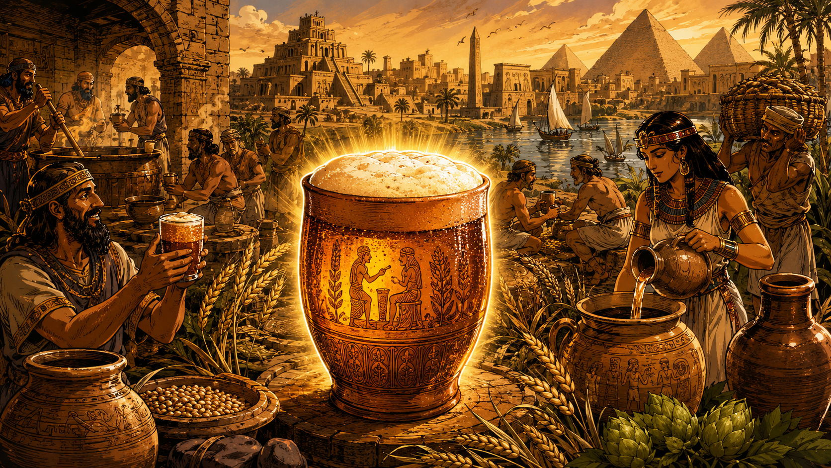 Ancient brewers and early beer jars near river civilizations
