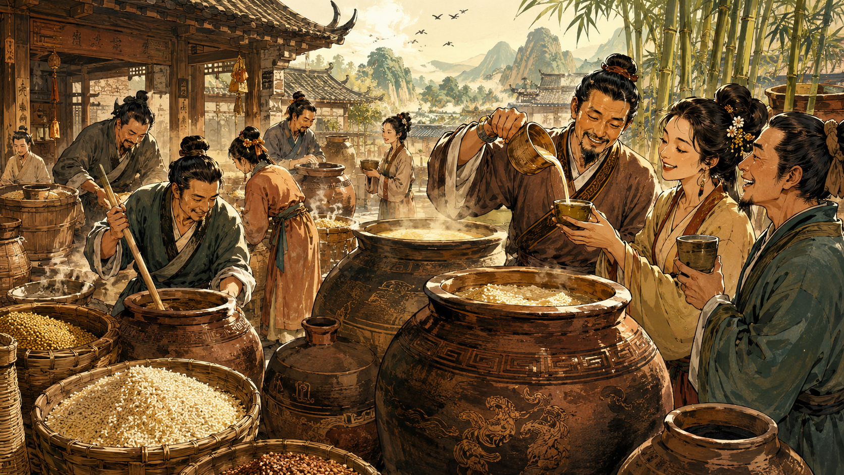 Ancient China fermented grain jars in a traditional courtyard with brewers