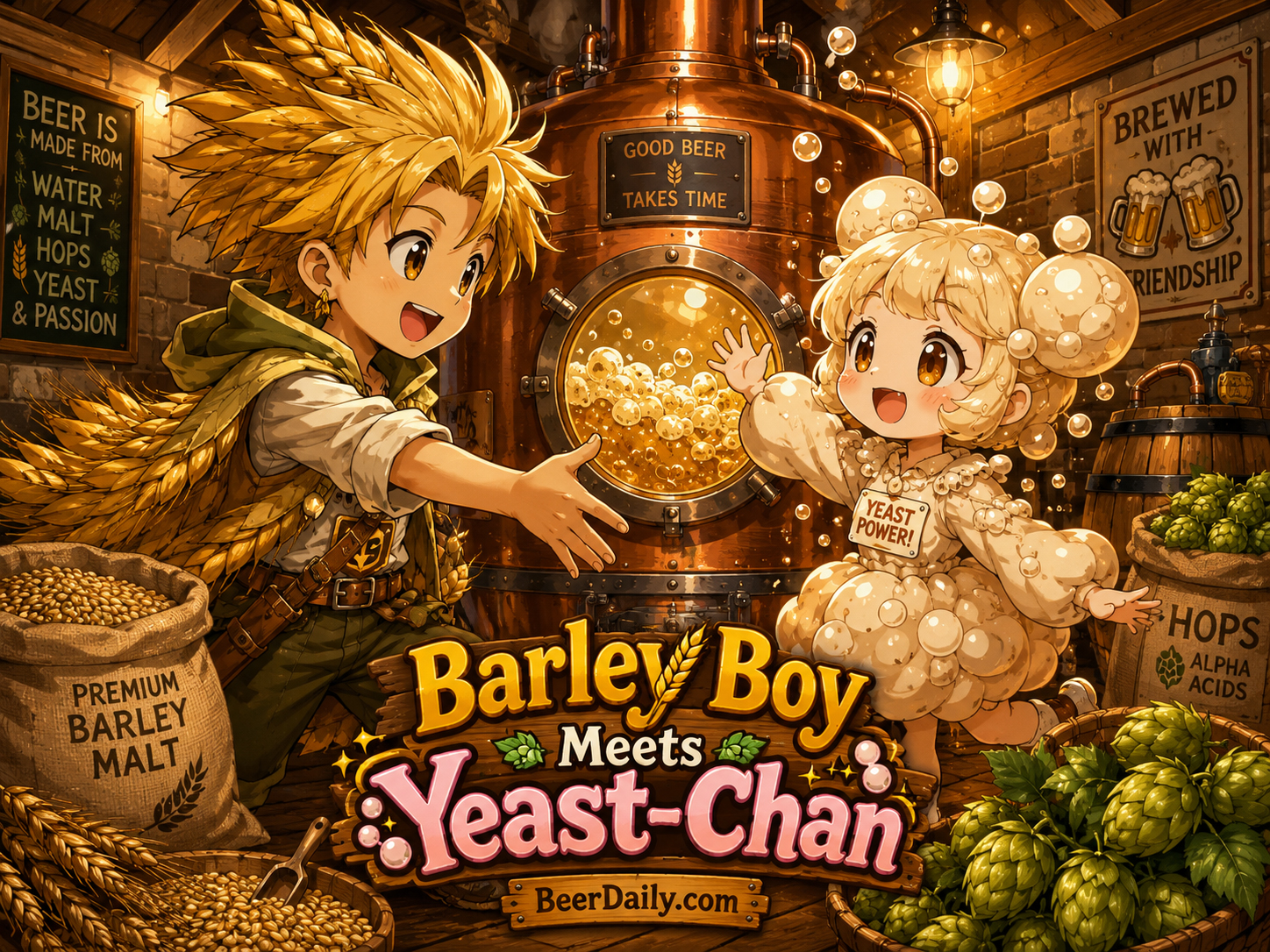 Barley Boy meets Yeast-chan in a lively brewery