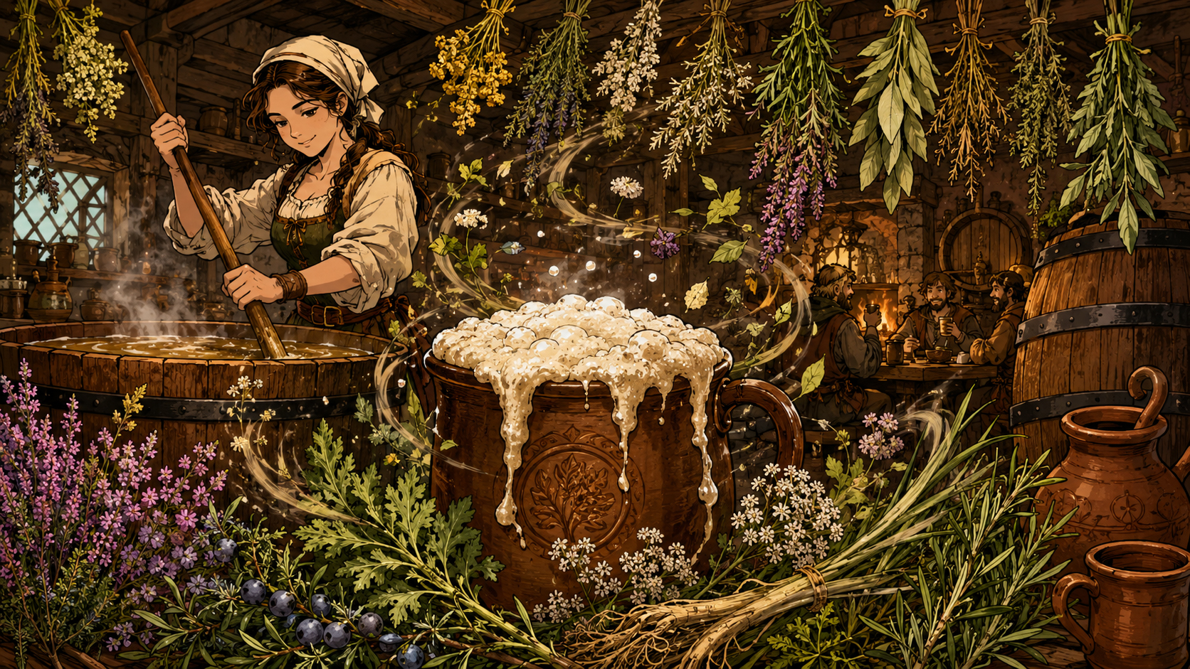 Medieval brewer using herbs and gruit before hops