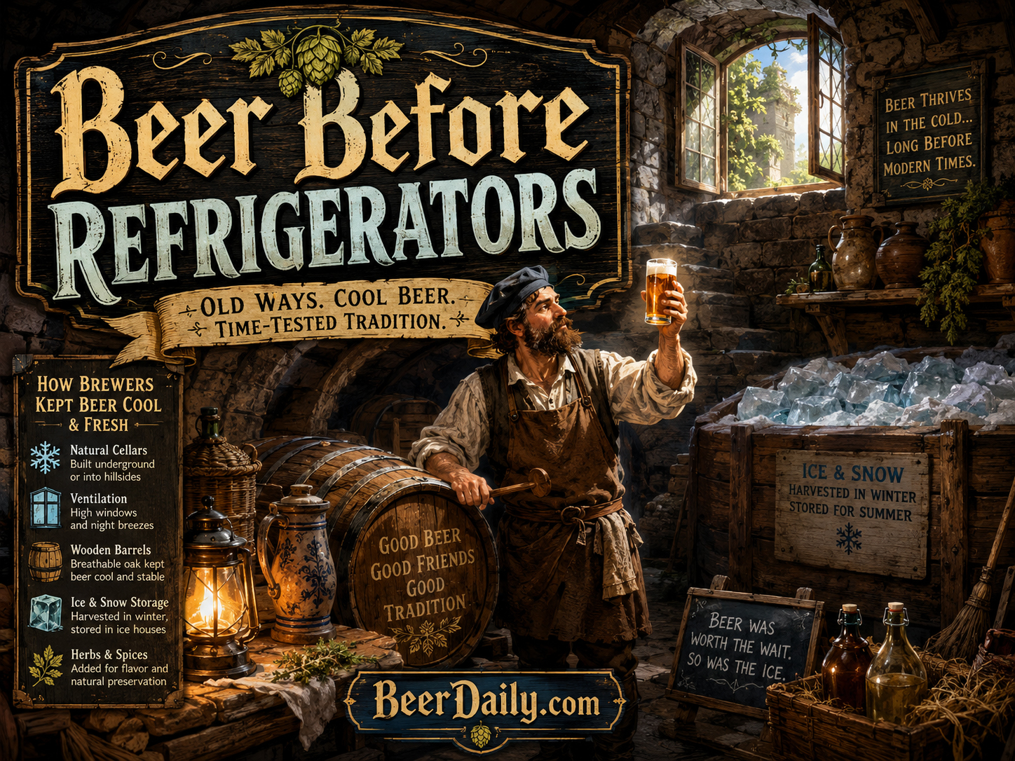 Historic beer storage in cool vintage cellars before modern refrigeration