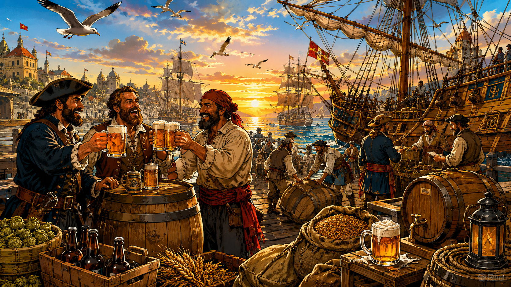 Sailors and traders loading beer barrels onto ships at sunset