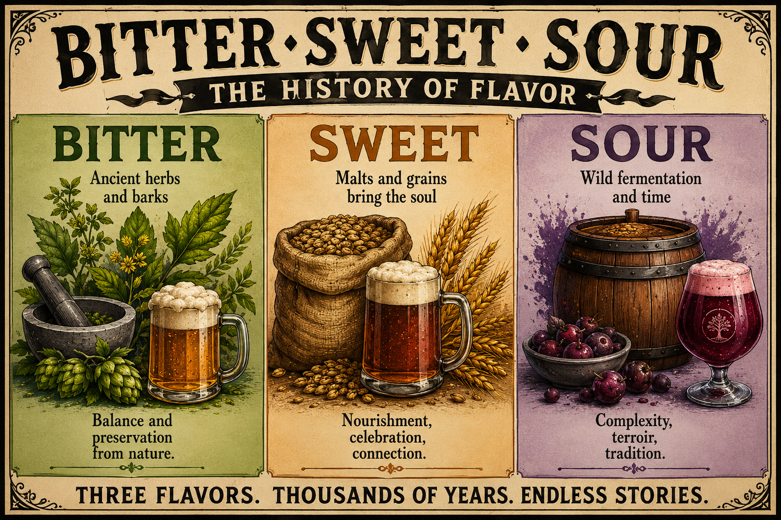 Bitter, sweet, and sour flavor history panel showing pre-hop beer possibilities