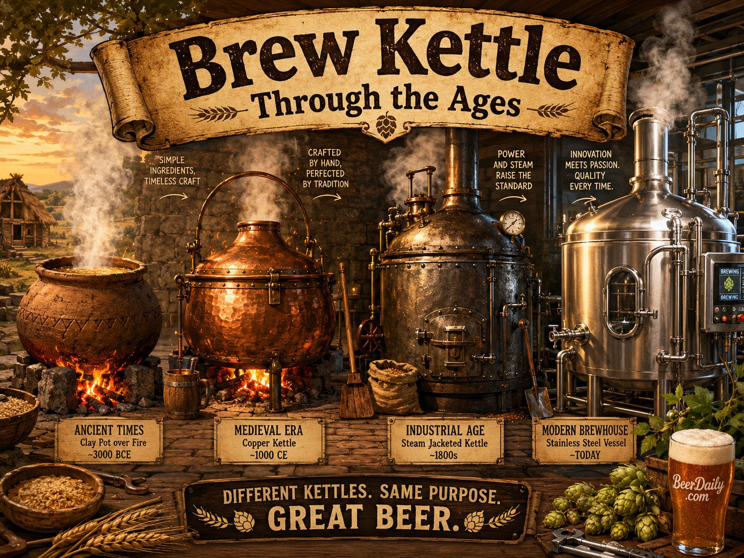 Brewing kettles through history with fire, smoke, and changing brewing technology