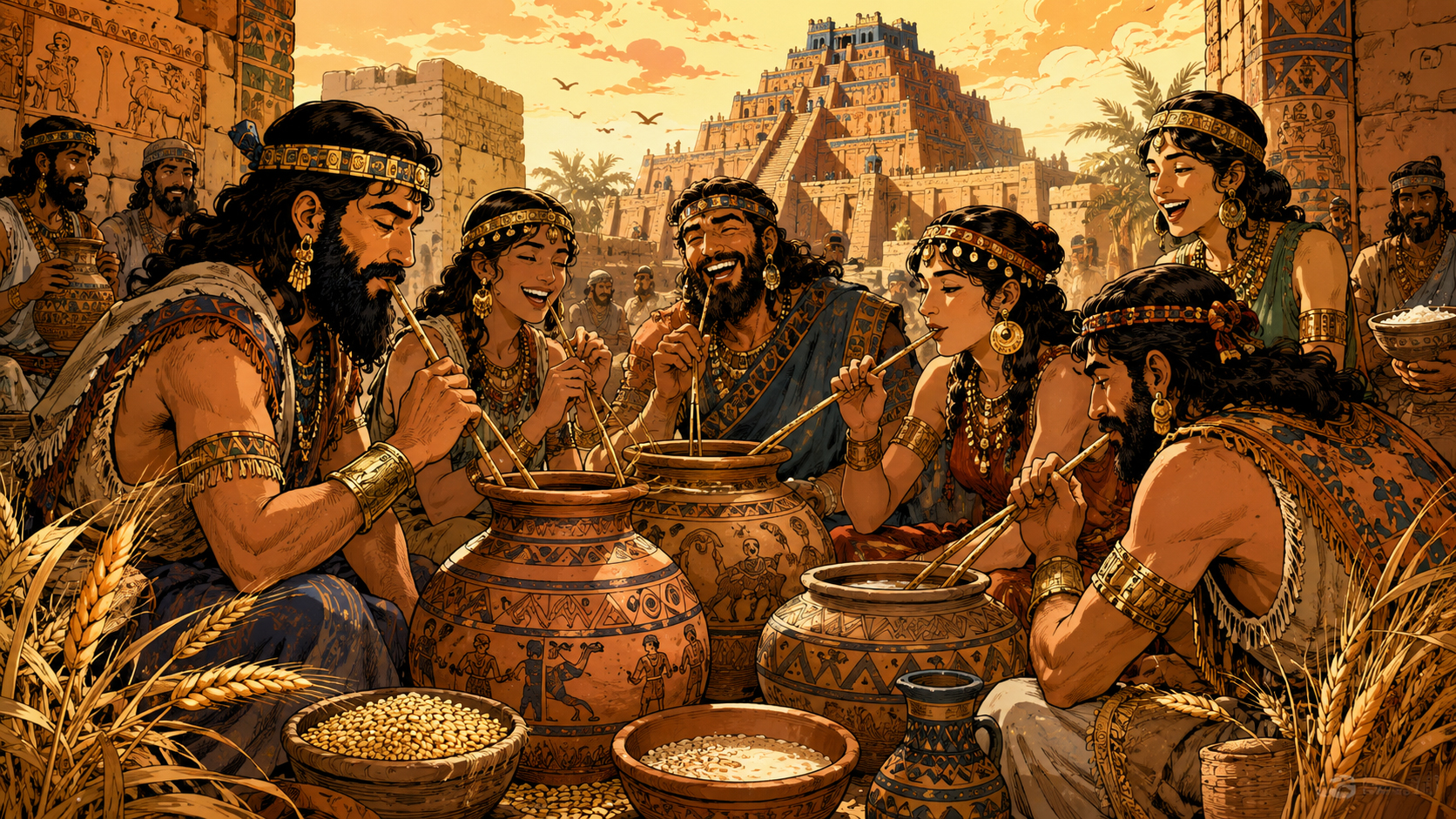 Ancient clay beer jars with reed straws and people sharing beer at a banquet