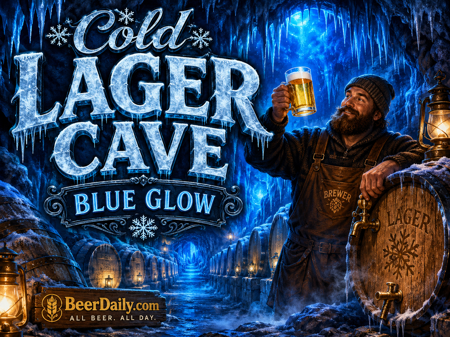 Cold lager cave glowing blue with barrels, ice, and historic cellar atmosphere