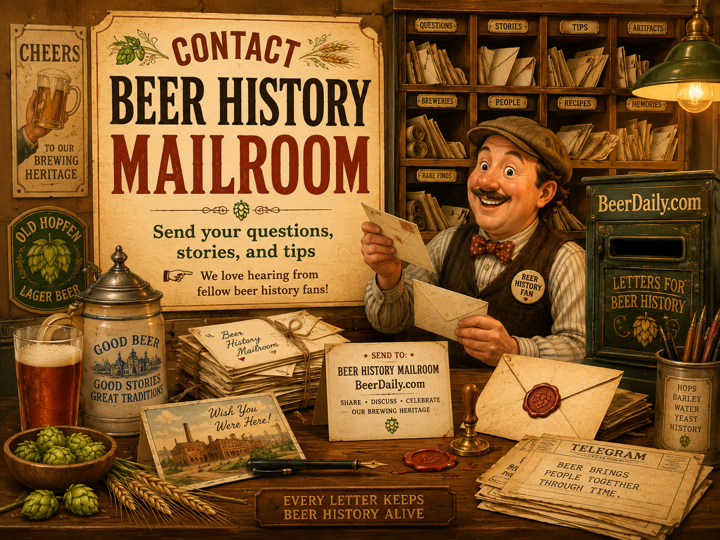 BeerDaily beer history mailroom with letters, scrolls, mugs, and cheerful historical chaos
