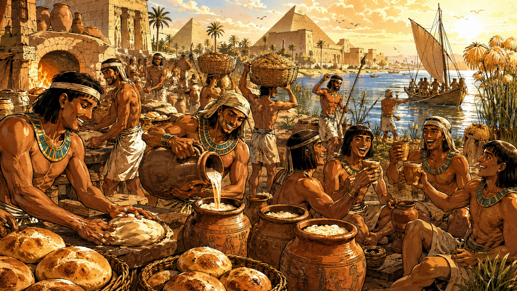 Ancient Egyptian bread beer scene with Nile workers, grain, jars, and warm sunset light