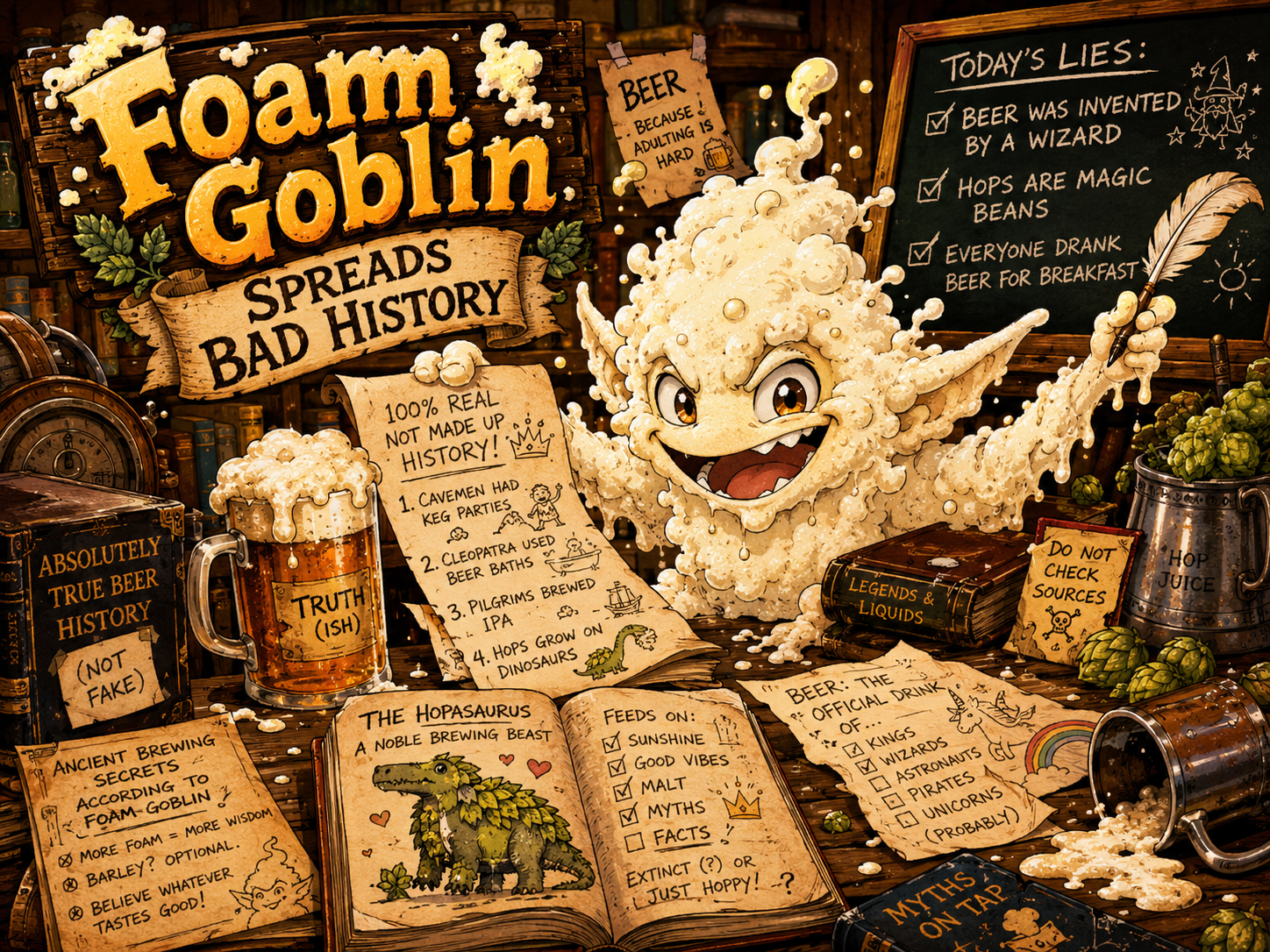 Foam Goblin spreading bad beer history in a chaotic tavern