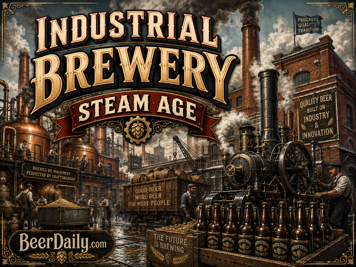 Industrial brewery machinery and workers during the steam age before Prohibition changed the industry