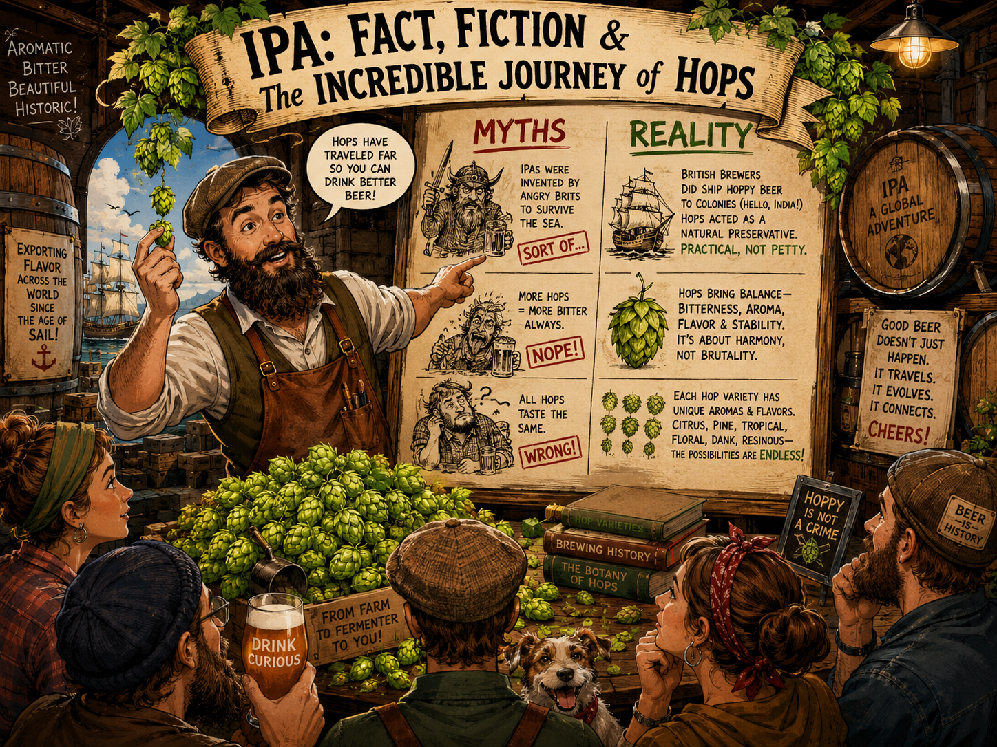 IPA myths and hop history shown as a playful illustrated beer investigation