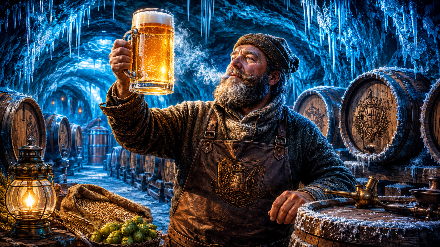 Cold lager cave with barrels glowing blue