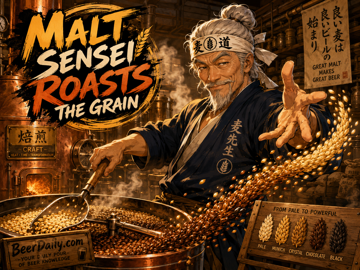 Malt Sensei roasting grain and teaching Barley Boy about malt flavor