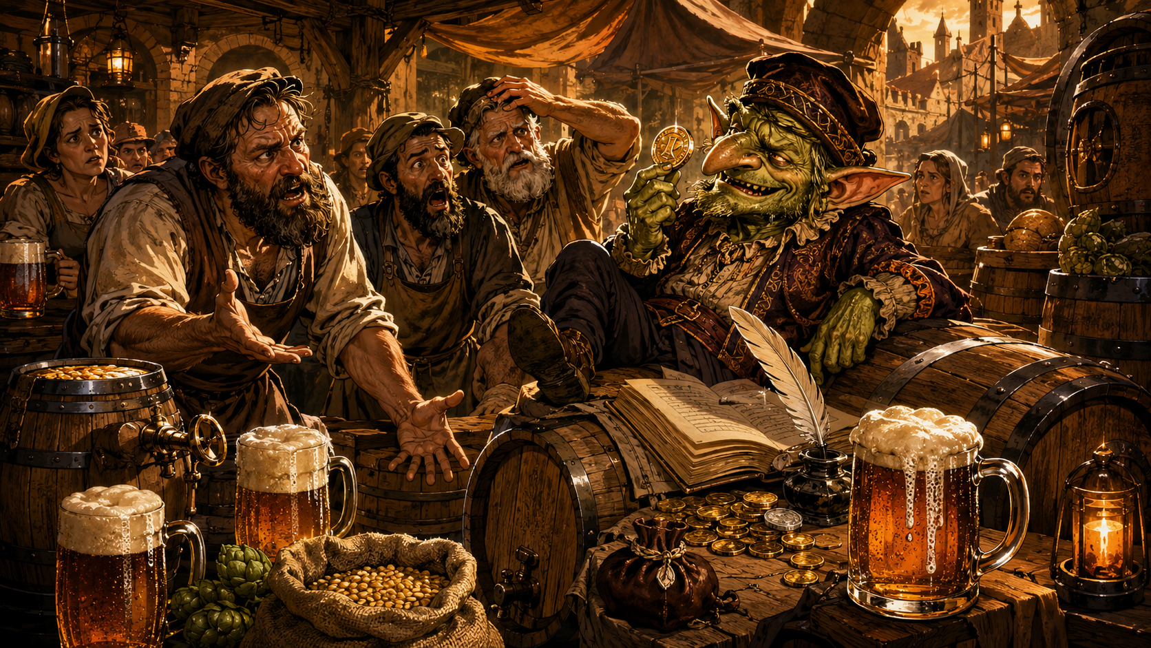 A comic medieval beer tax collector goblin counting barrels and causing administrative chaos