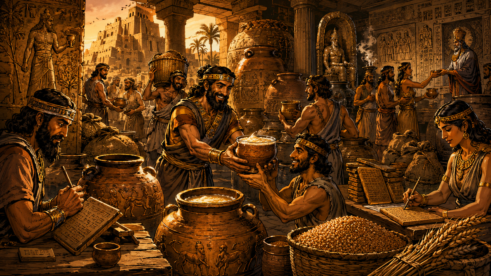 Mesopotamian brewers preparing temple rations with clay jars and grain baskets