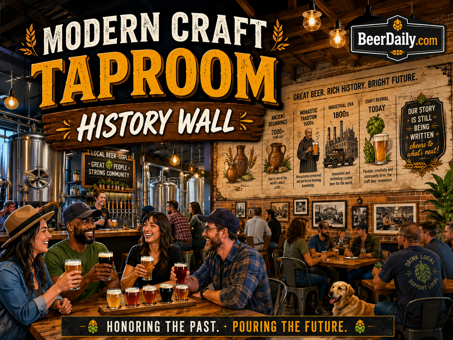 Modern craft taproom with a beer history wall and community gathering