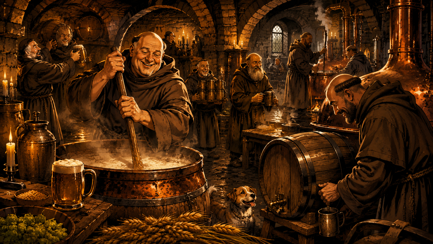 Monks brewing beer in an abbey cellar with copper kettles