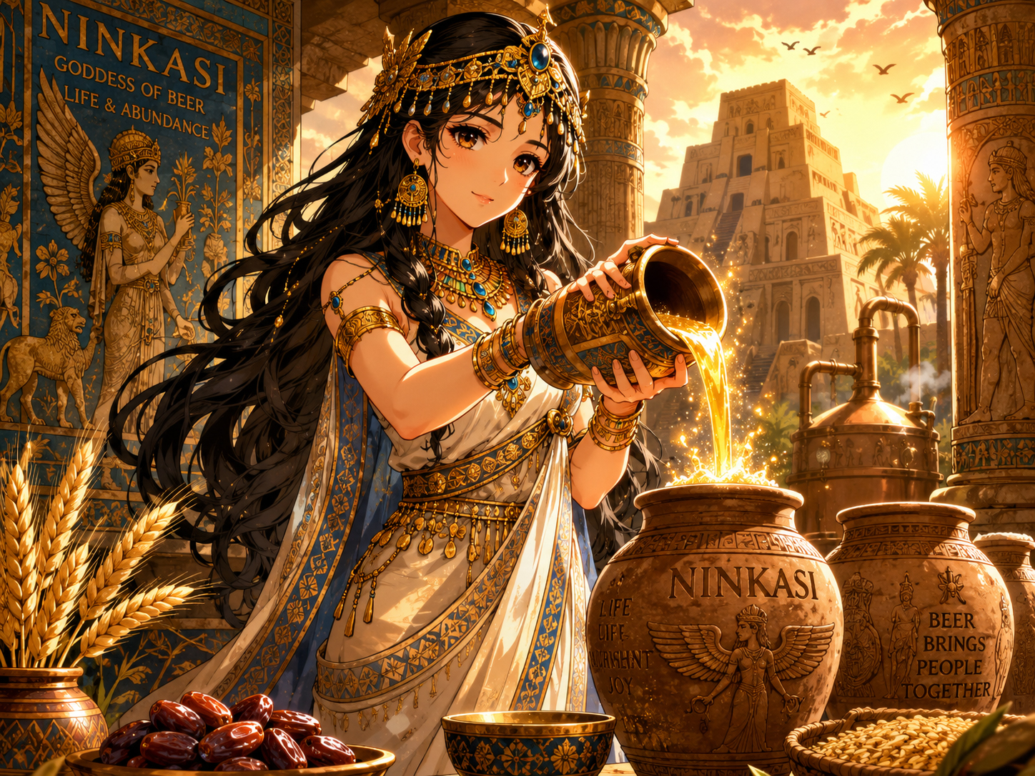 Ninkasi beer goddess in manga style with ancient brewing jars