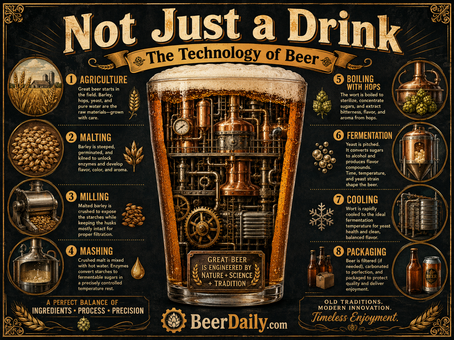 Technology of beer poster showing brewing machinery inside a glass of beer