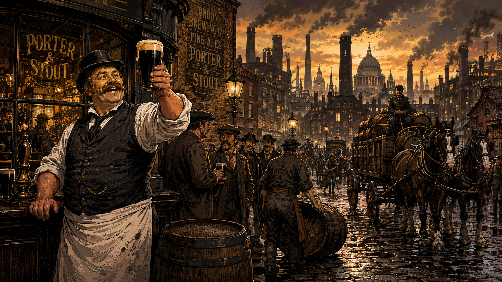 Industrial London brewing with porter, stout, smoke, and city energy