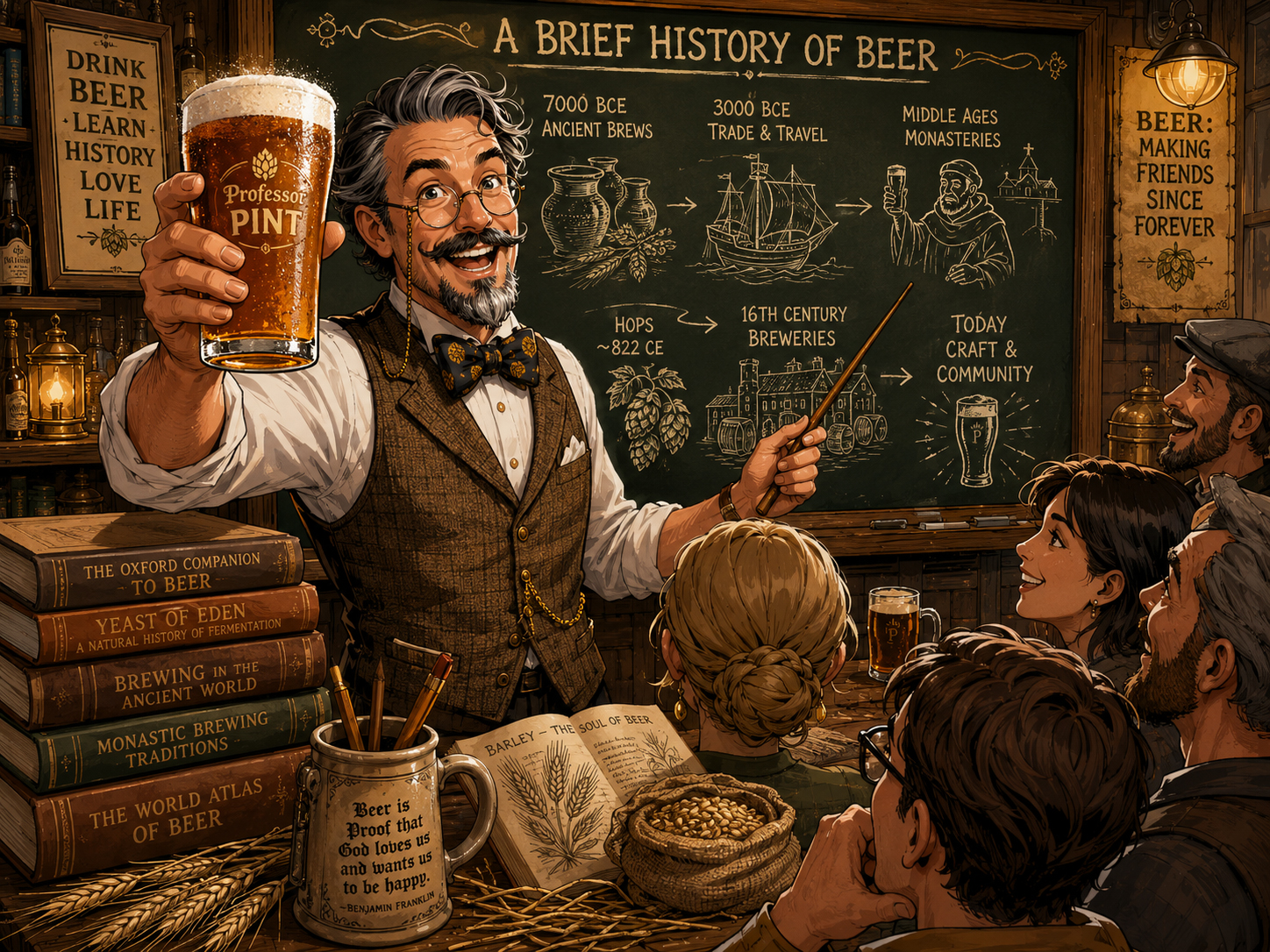 Professor Pint explains beer history with books, mugs, and a chalkboard