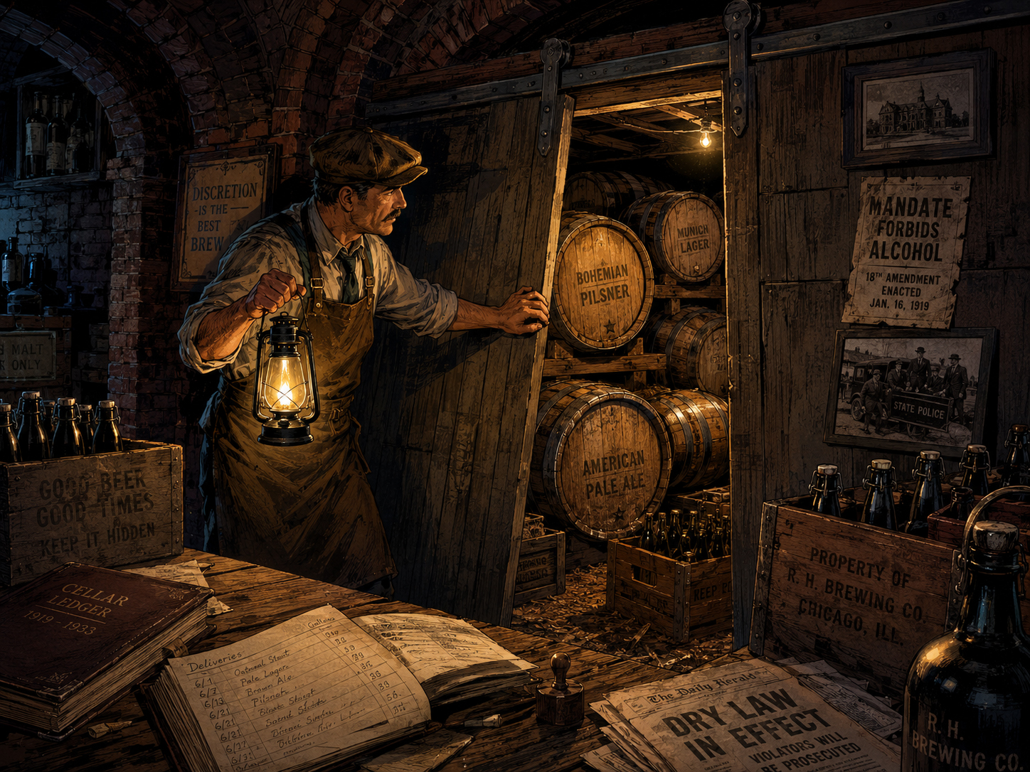 Hidden Prohibition cellar with barrels and old dry law newspaper