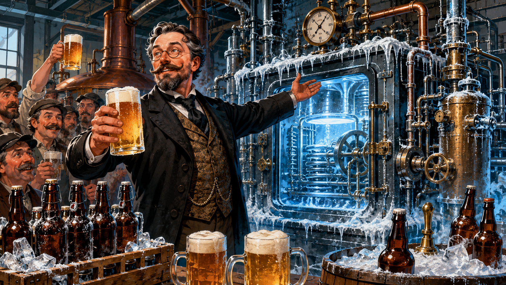 Inventors celebrating refrigeration changing beer forever inside a brewery