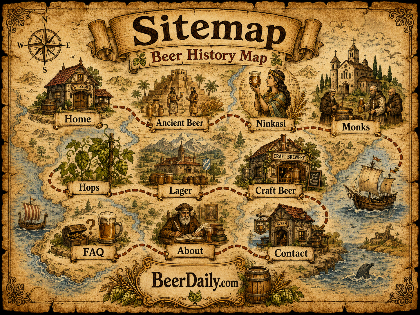 BeerDaily sitemap beer history map with roads, jars, hops, barrels, and character icons