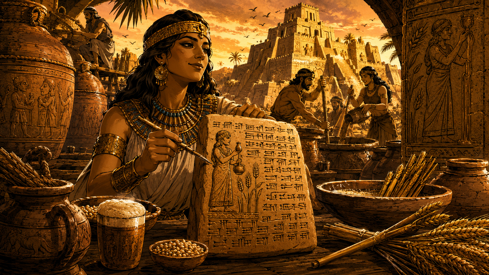 Ninkasi-inspired Sumerian beer tablet and ancient brewing scene