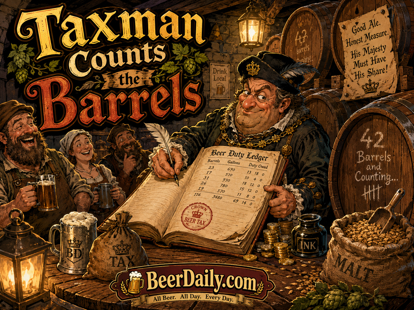 Historical beer taxman counting barrels with a ledger in a brewhouse